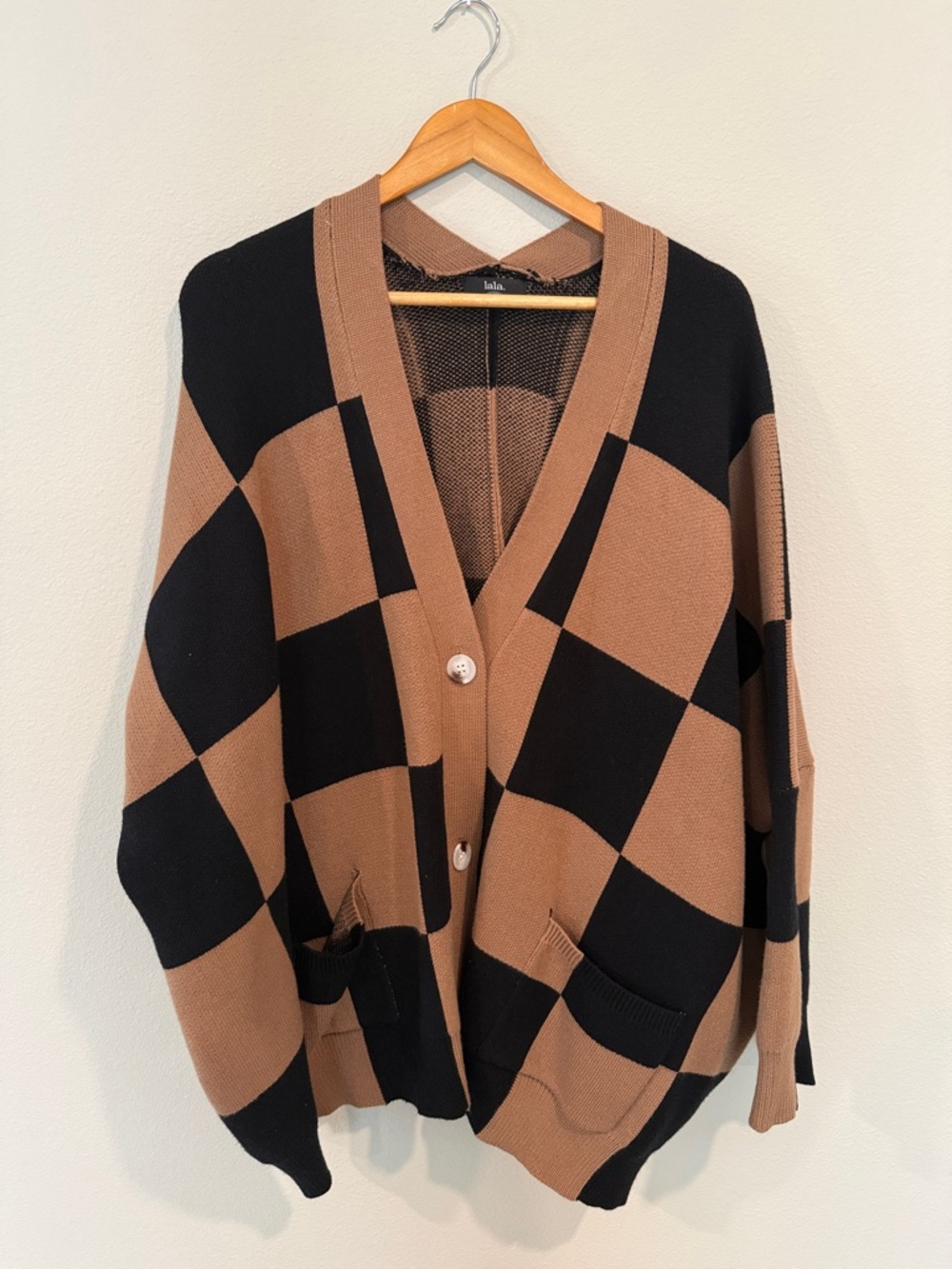 Dressed in LALA Black and Brown Checkered V-Neck Cardigan